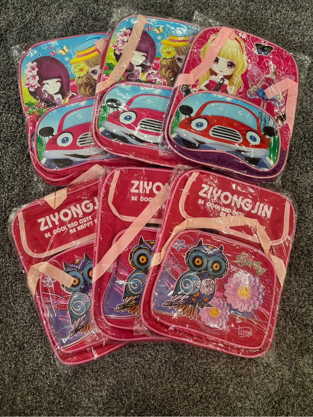 Lot of 6 Kids Backpacks with Kawaii and owl designs